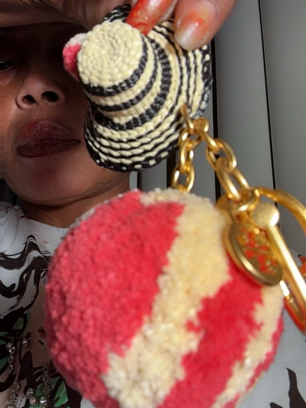Tory Burch Black & Cream Straw Hat Keychain with Pink-Cream Pom